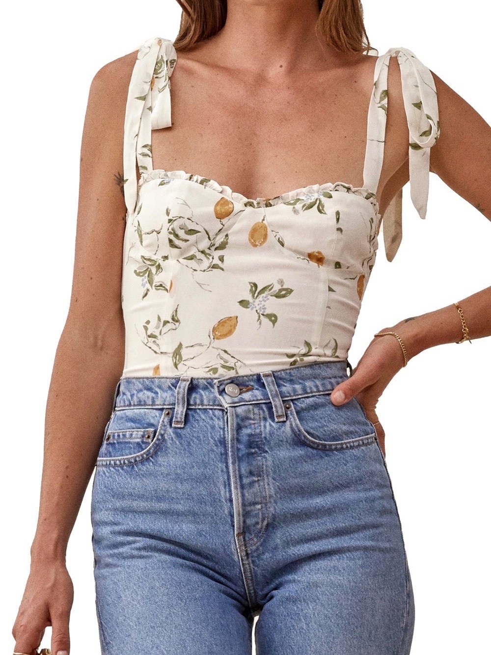 Reformation Blanca Cream Floral Tie-Shoulder Bustier Top